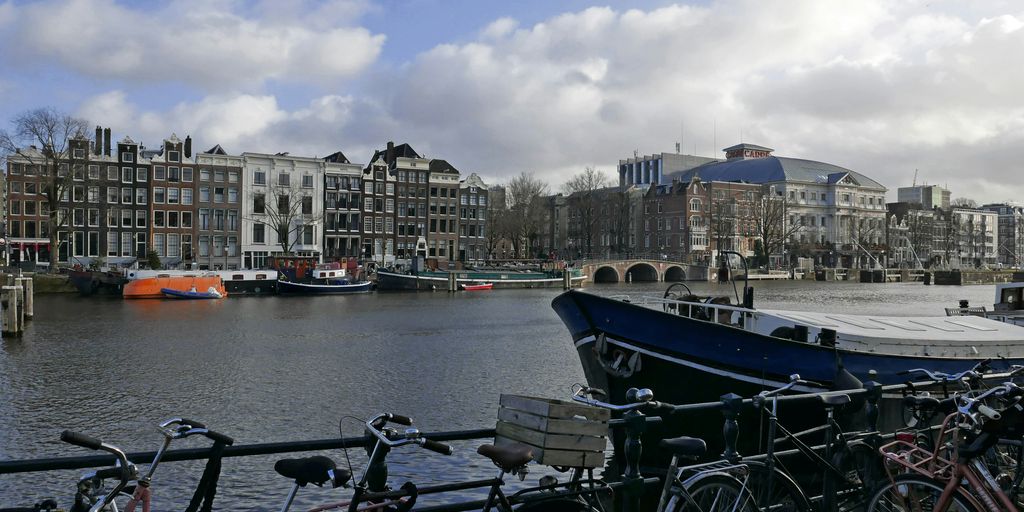 a row of bikes parked next to a body of water