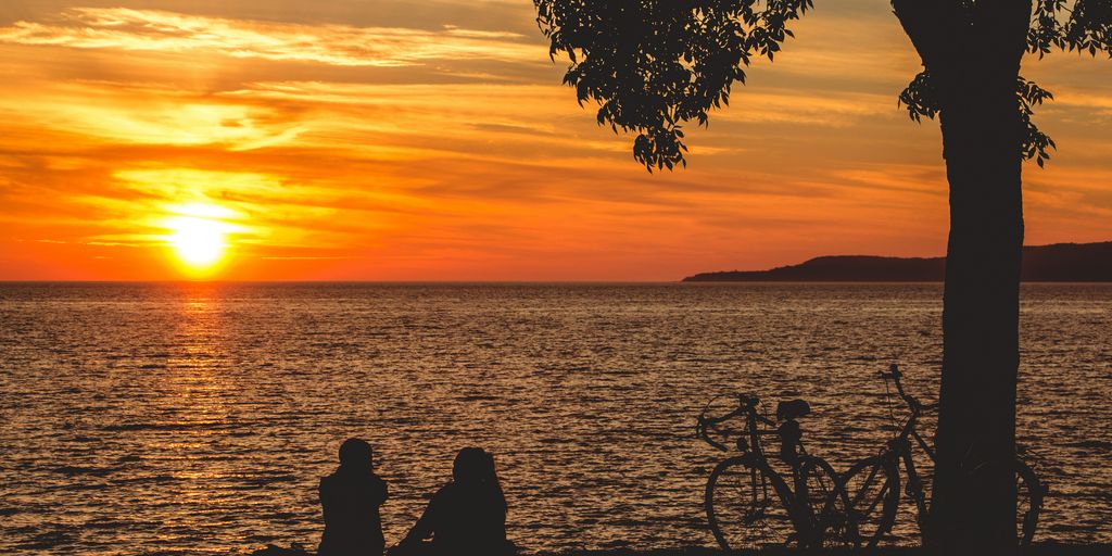 Urlaub Community - a couple of people sitting next to a tree near a body of water